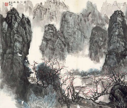 白启哲（b.1935） 漓江春雨 镜片 设色纸本