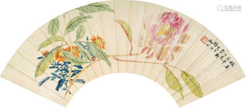陆抑非（1908～1997） 花卉 扇片 设色纸本