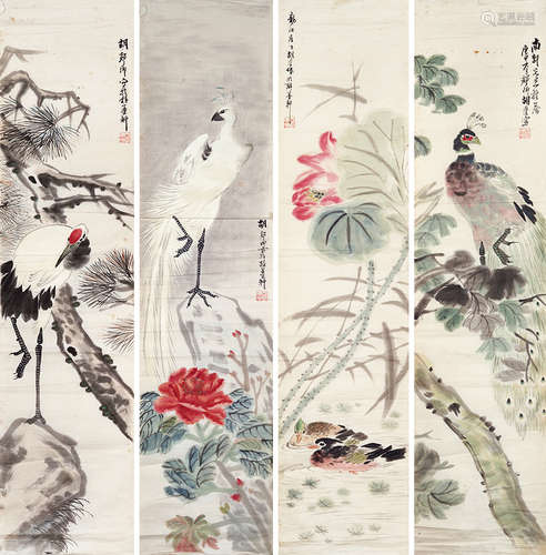 胡郯卿（1865～？） 花鸟 四屏 镜片 设色纸本