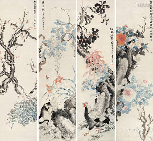 顾西津（1865～1930） 花卉 四屏 立轴 设色纸本