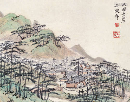 吴榖祥（1848～1903） 萧山秋寺 镜片 设色纸本