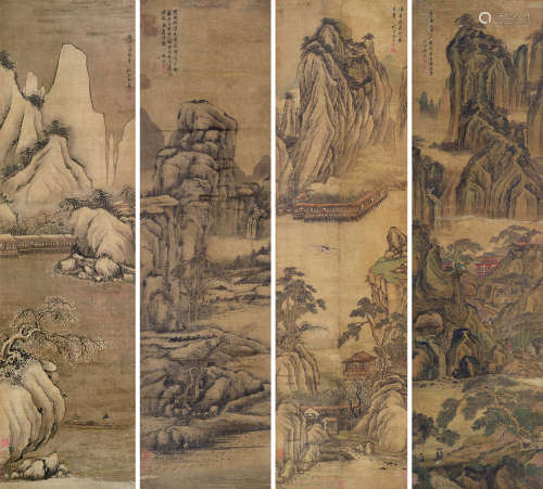 余集（1738～1823） 山水 四屏 立轴 设色绢本