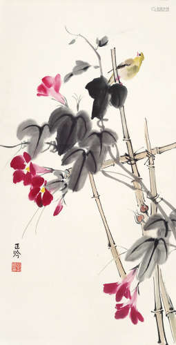 张正吟（1912～1995） 牵牛栖禽 立轴 设色纸本