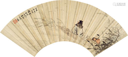 苏六朋（1814～1874） 泛舟图 扇片 设色纸本