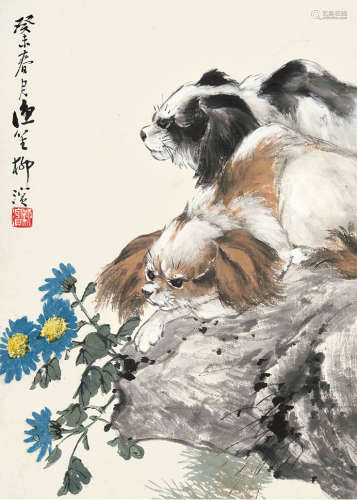柳滨（1887～1945） 双犬图 立轴 设色纸本