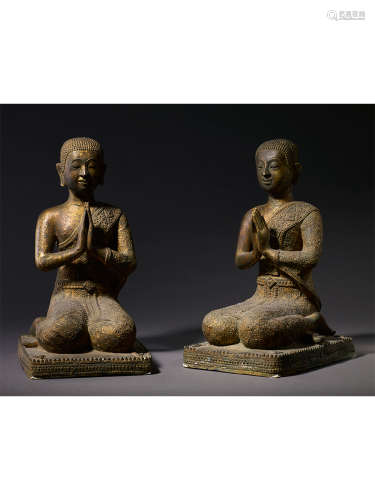 泰國銅鎏金供養菩薩像一對 18世紀