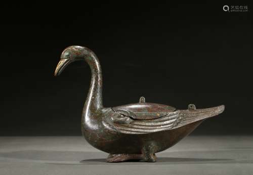 A bronze silver and gold inlaid duck censer