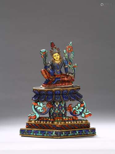 A Nepalese lapis lazuli gems inlaid bodhisattva