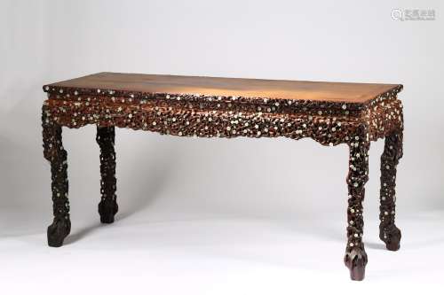 A large Chinese rosewood and white jade inlaid table