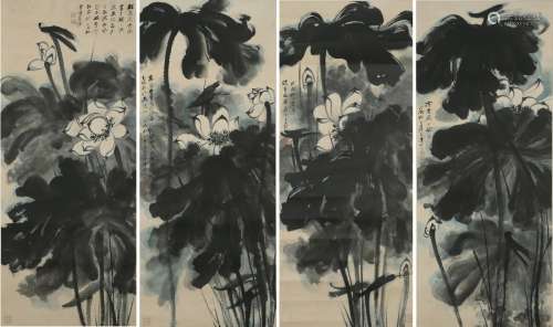 A set of four 'lotus' color and ink paintings