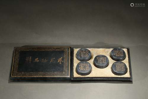 Set of five gilt inscribed barrel-form inkcakes