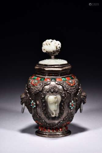 A silver white jade embellished jar and cover