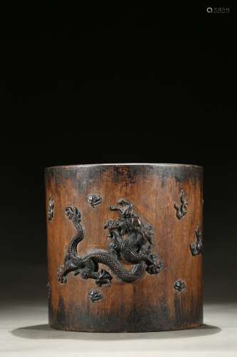 A Huanghuali bronze dragon inlaid brushpot