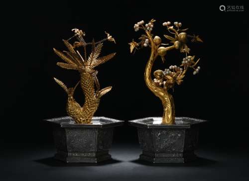 Pair of silver hexagonal pearl-adorned gilt bonsai