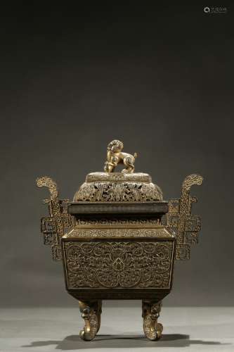 A large gilt-bronze square 'lotus' censer with cover