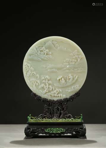 A white jade circular table screen on zitan stand