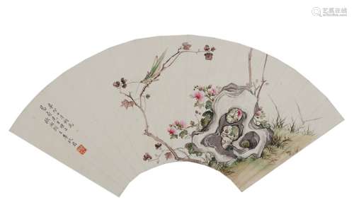 Li Qiujun: color and ink 'flowers' fan painting