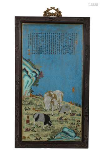 A large zitan frame cloisonne enamel 'sheep' panel