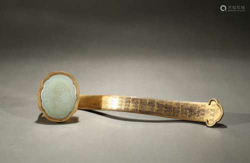 A gilt-bronze white jade 'shou' ruyi scepter