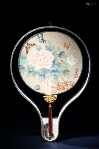 Gu Wenbin: ink and color on silk 'poem' round fan