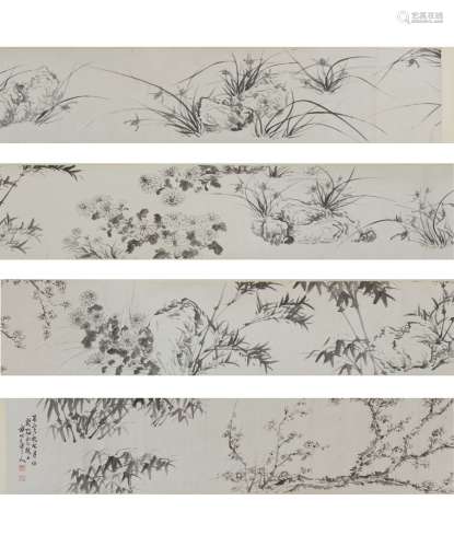 Xu Shichang: ink on paper 'flowers' handscroll