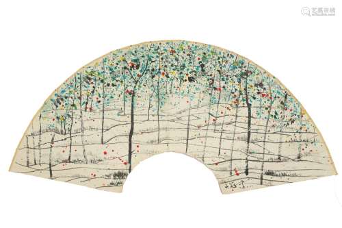 Wu Guanzhong: color and ink 'landscape' fan painting