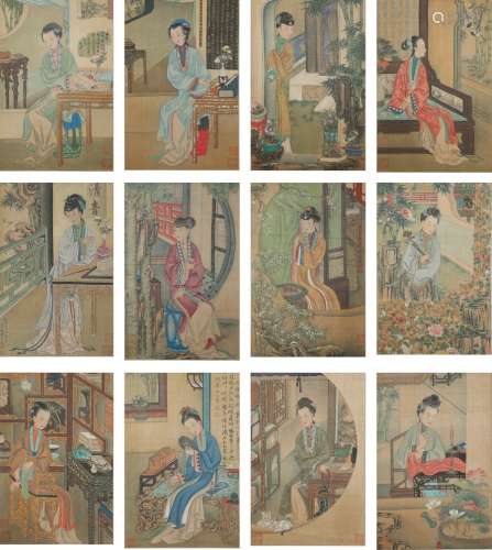 A set of twelve 'ladies' silk paintings