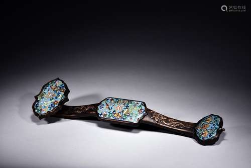 A hardwood ruyi scepter inset with cloisonne enamel