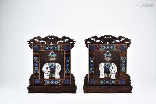 A pair of cloisonne enamel inlaid hongmu 'elephant' table screens