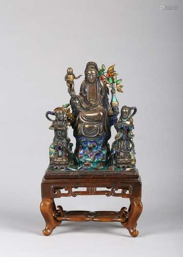 Silver enamel and hardstone Guanyin figural group