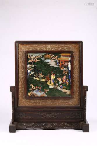 A large hongmu green jade and gems inlaid table screen