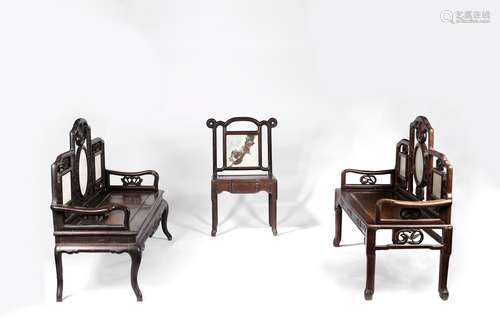 A set of three rosewood marble benches and chair