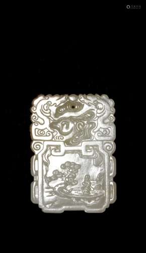 White jade 'literati with Guqin' rectangular pendant