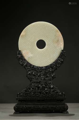 A zitan carved jade disc table screen