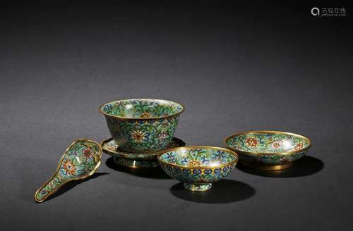 A set of cloisonne enamel bowl and utensils