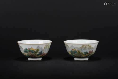 A pair of famille rose 'landscape' bowls