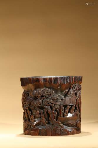 An agarwood 'gathering of literati' brushpot