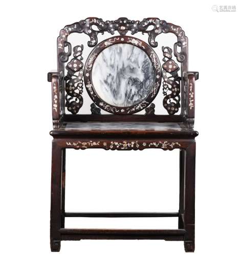 A Chinese Rosewood mother of pearl and marble inset chair