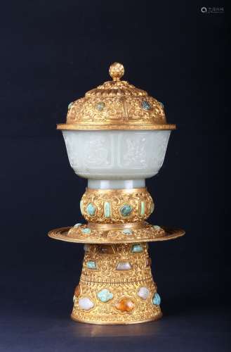 A gilt-bronze white jade 'eight emblem' ritual cup