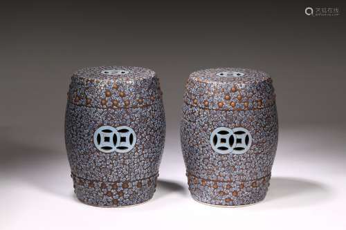 A pair of large Yixing zisha painted stools
