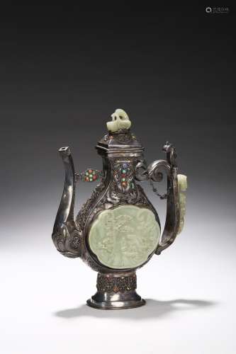 A Mongolian jade and gems-inlaid silver ewer