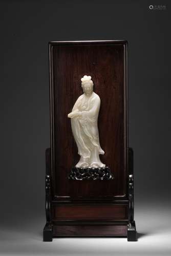 A carved 'Guanyin' white jade table screen