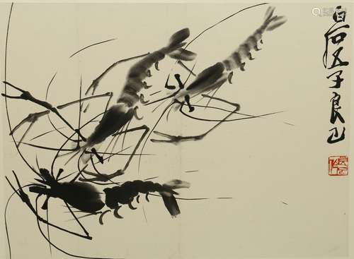 Qi Liangsi: ink on paper 'shrimps' painting