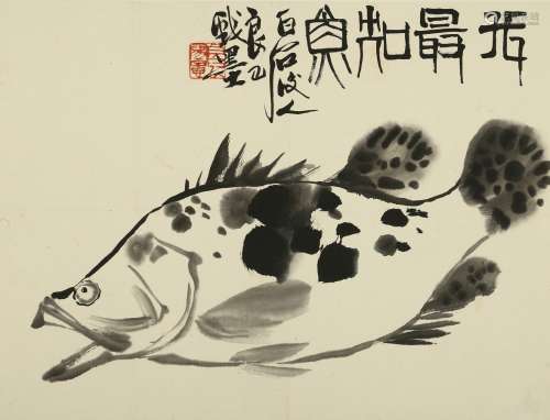Qi Liangsi: ink on paper 'fish' painting