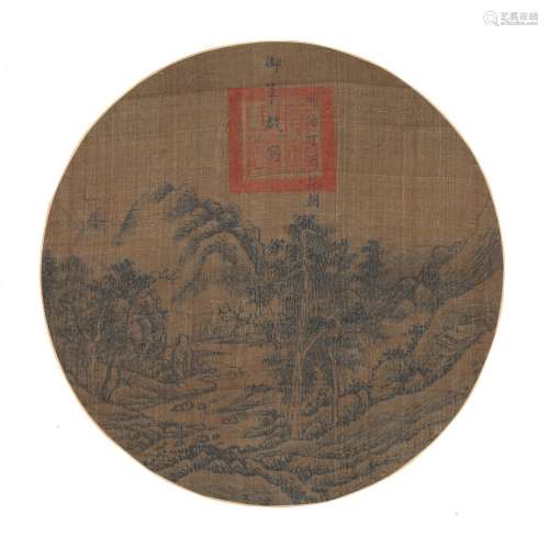 An ink on silk 'landscape' circular fan painting