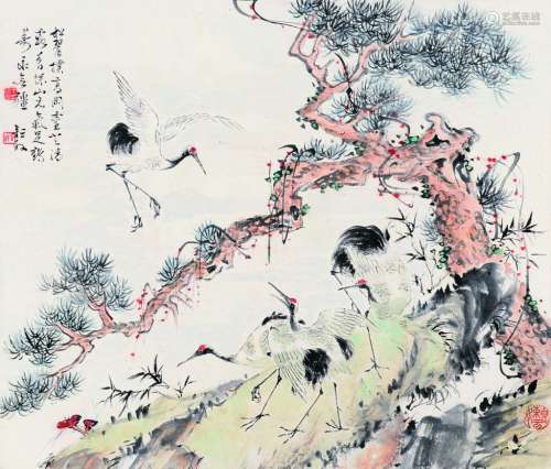 丁宝书（1865～1936） 松鹤祝寿图 镜片 设色纸本