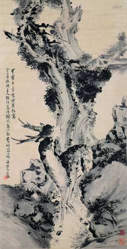 李石君（1867～1933） 苍松麋鹿图 立轴 设色纸本