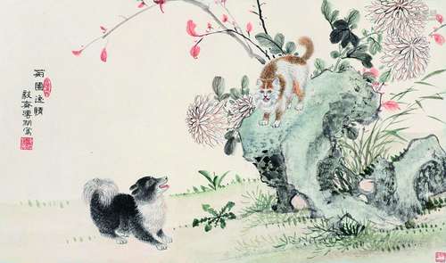 溥僩（1901～1966） 菊圃逸情 横披 镜片 设色纸本