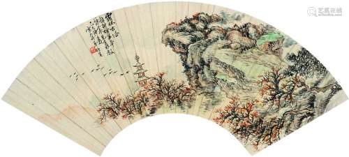 袁培基（1870～1943） 霜林古塔 扇面 设色纸本