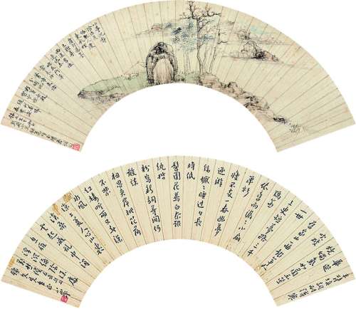 陈小翠（1907～1968） 顾飞（1907～2008） 扇面双挖 镜片 水墨纸本 设色纸本